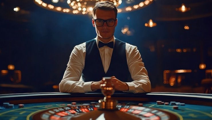 Roulette wheel spinning on yurotogel live-dealer table